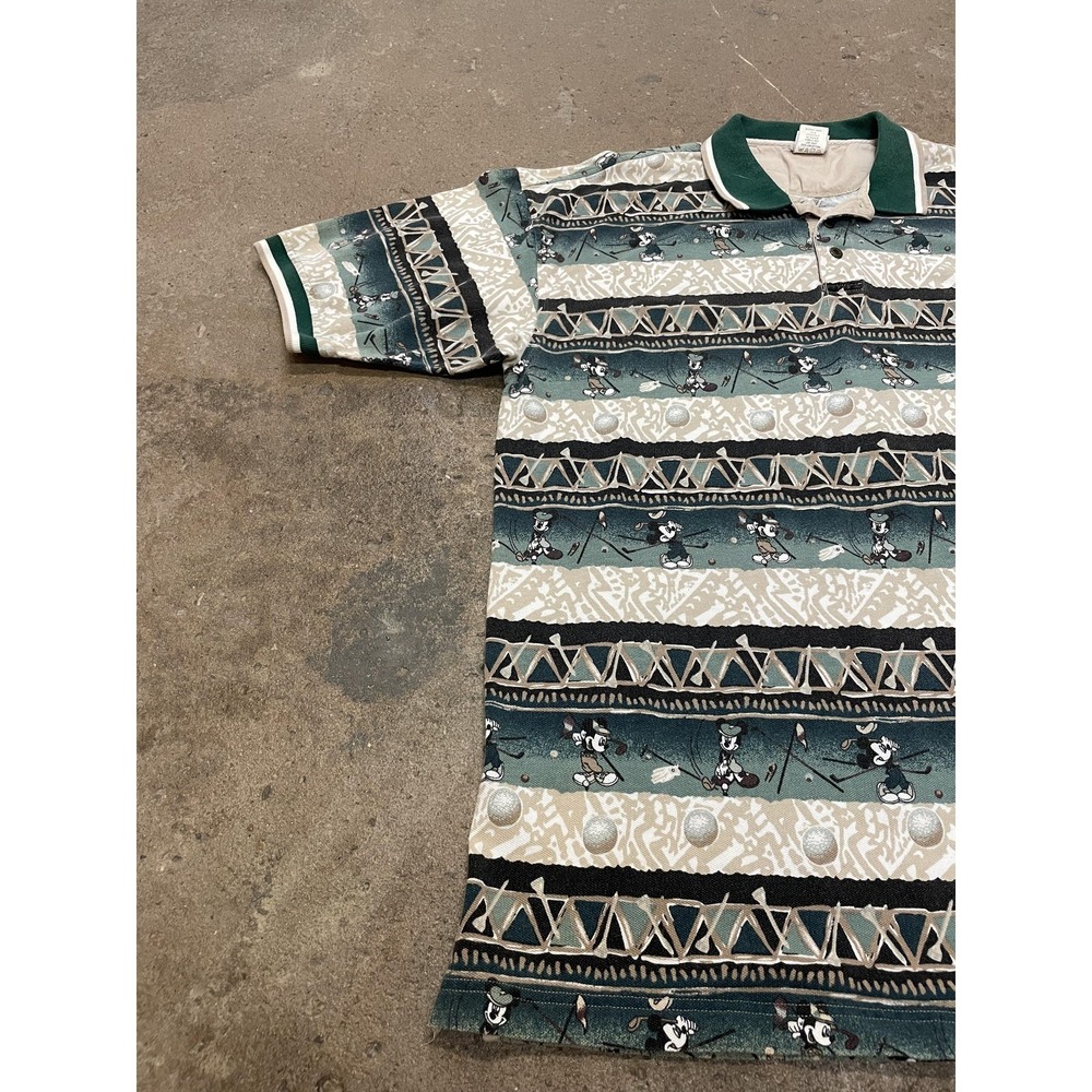 Vintage Disney Mickey Mouse Golf Polo Shirt Mens 2XL Green‎ Allover Print 90s - Picture 2 of 16